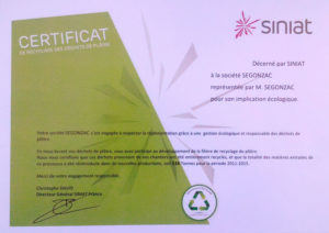 Certificat de recyclage délivré par SINIAT pour l'année 2015